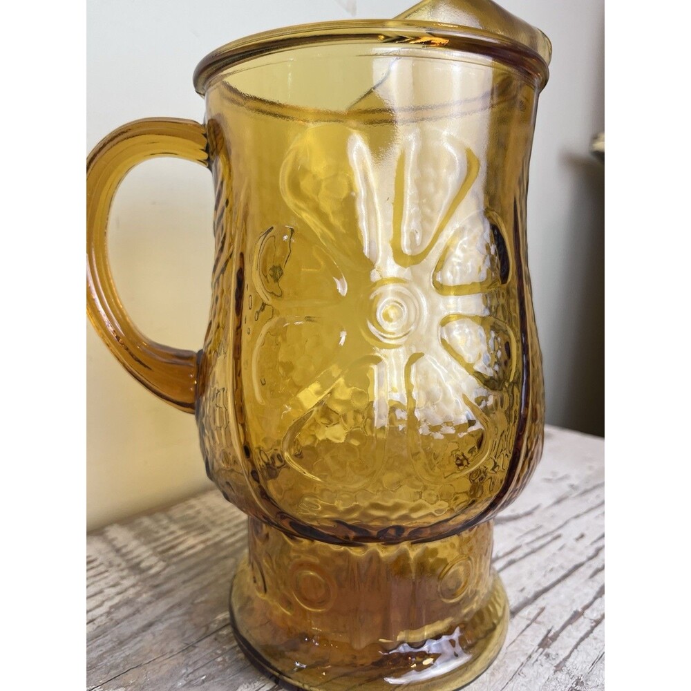 Vintage Libbey Glass Country Garden Daisy Amber 64 oz Ice Lip Pitcher Country